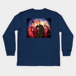 Sanderson sisters, Mary, Sarah, magic, halloween, All Hallows’ Eve, spooky, witches, witch, broom, hocus Kids Long Sleeve T-Shirt